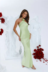 Clover Fields Satin Halter Maxi Dress Lime