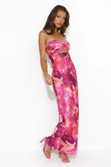 Color Bloom Strapless Satin Maxi Dress Pink