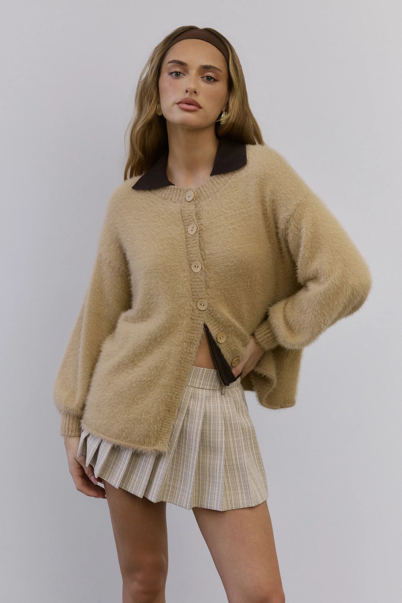 Crisp Snowfall Longline Fluffy Cardigan Tan