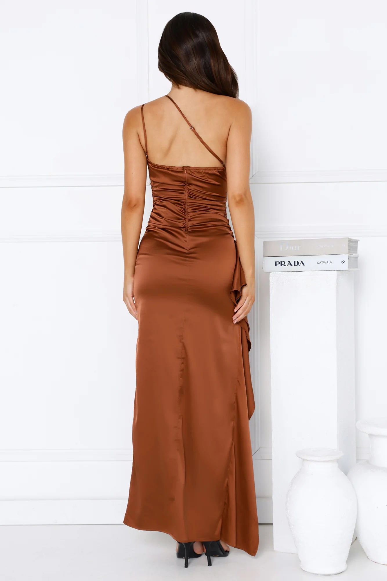 Extra Special One Shoulder Satin Maxi Dress Brown