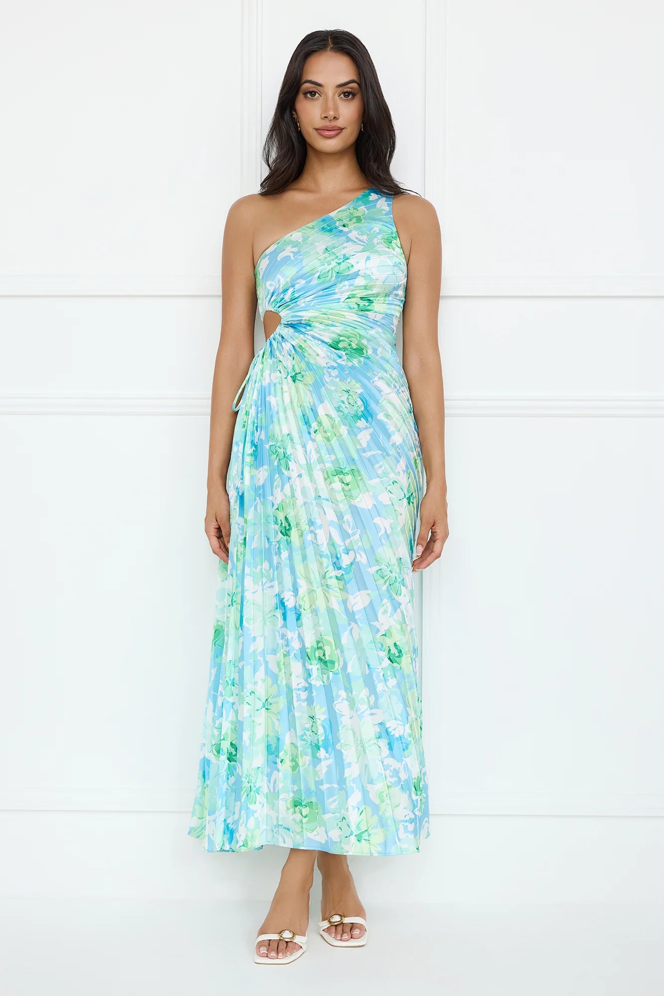 Emerald Ice One Shoulder Satin Pleated Maxi Dress Blue