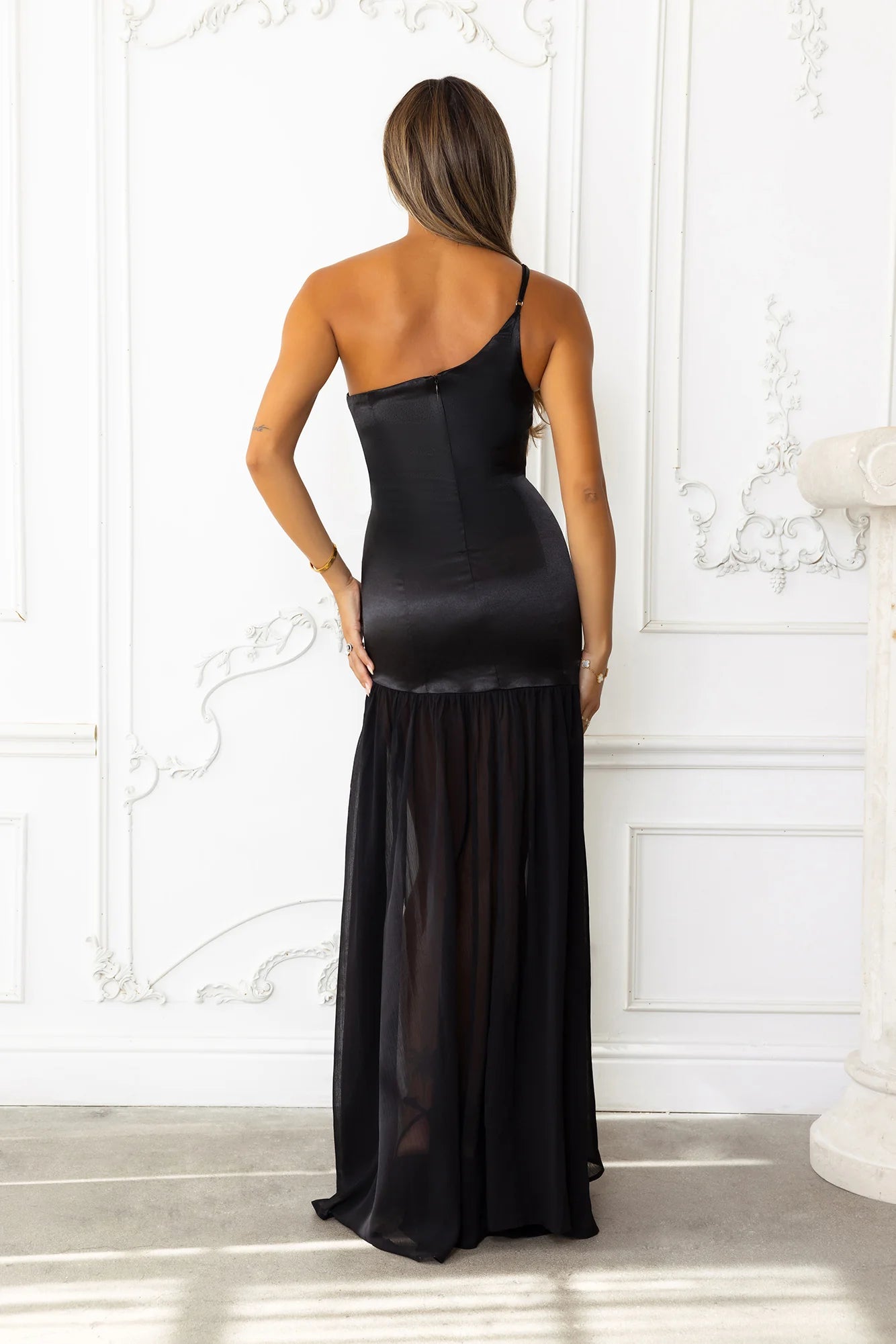 Entrance To Remember Satin One Shoulder Maxi Dress Black