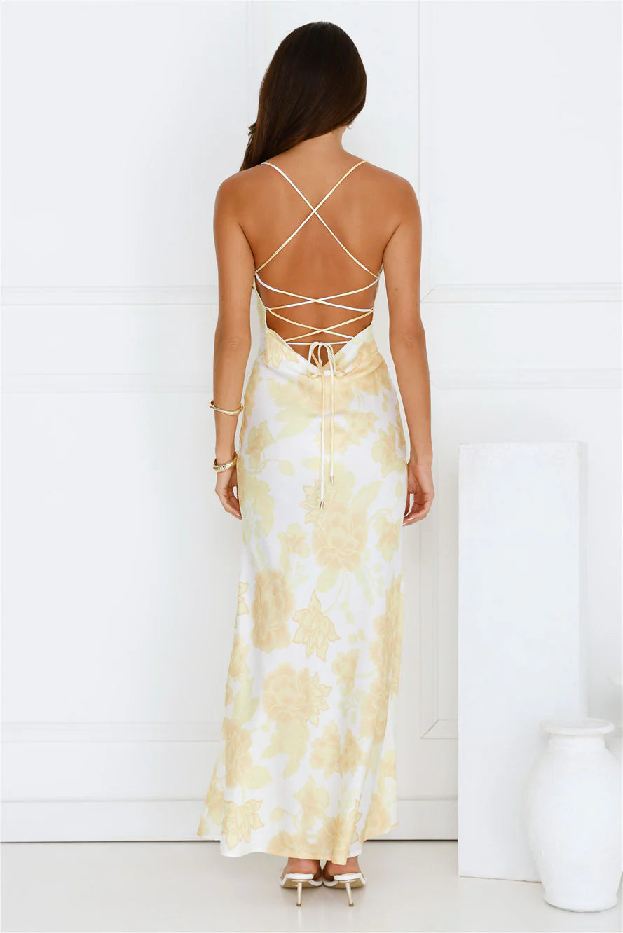 Floral Dreaming Satin Maxi Dress Yellow