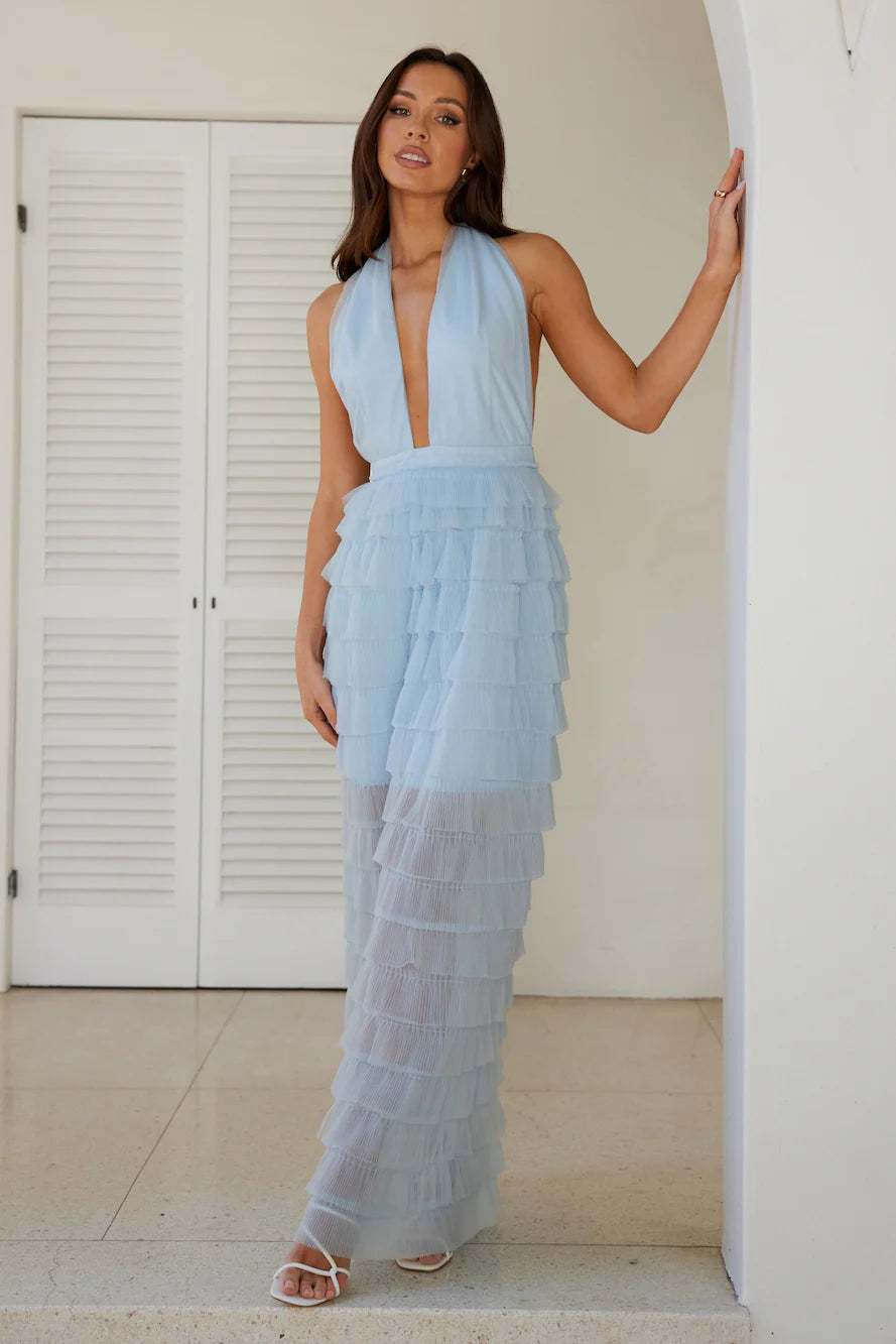Unparalleled Magnificence Halter Mesh Maxi Dress Blue