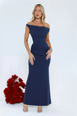 Caught In The Spotlight Off Shoulder Maxi Dress Navy