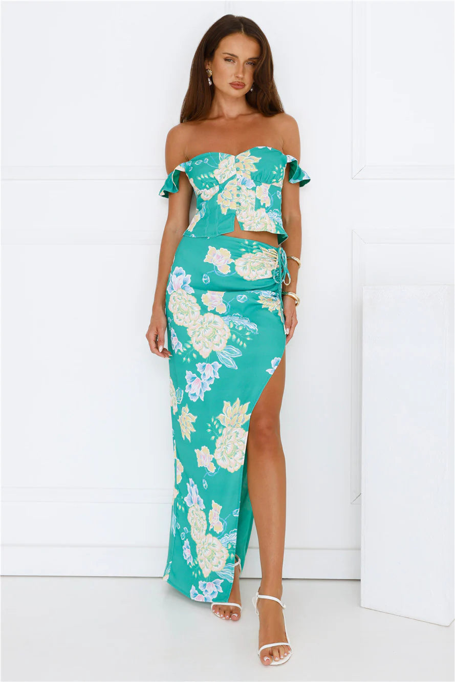 Citrus Wildflowers Off Shoulder Top Green