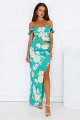 Citrus Wildflowers Off Shoulder Top Green