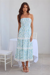 Under Palm Trees Strapless Midi Dress Blue