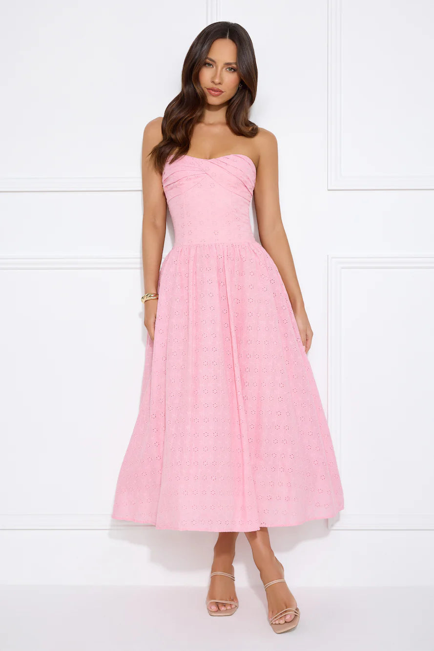 City Of Stars Strapless Embroidered Midi Dress Pink