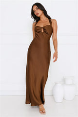 Ambiance Of The Night Halter Satin Maxi Dress Brown