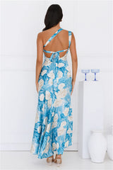 Whirl Of Color One Shoulder Satin Maxi Dress Blue