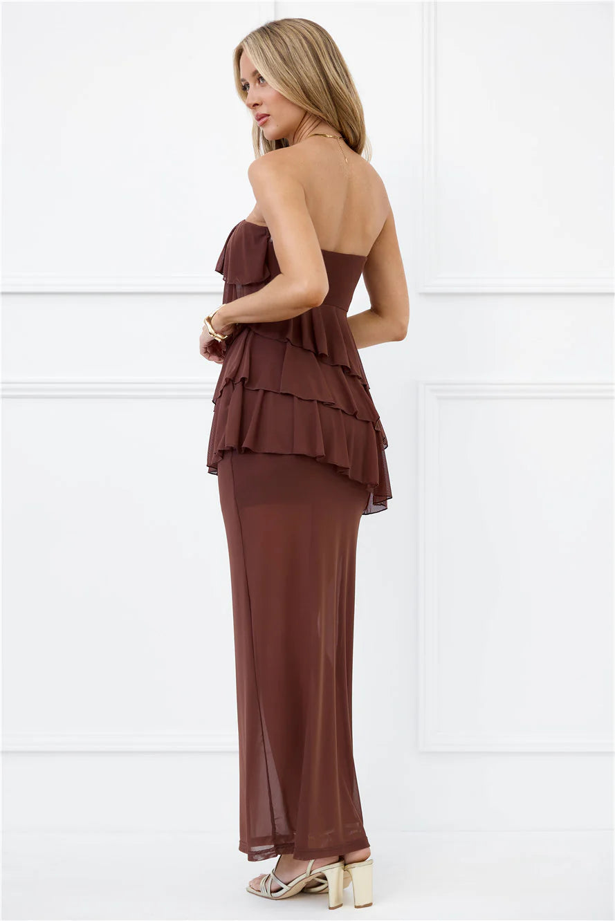 Wisp of Wonder Mesh Strapless Maxi Dress Brown