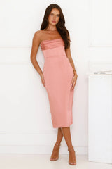 Dazzling Debutante Strapless Satin Midi Dress Rose