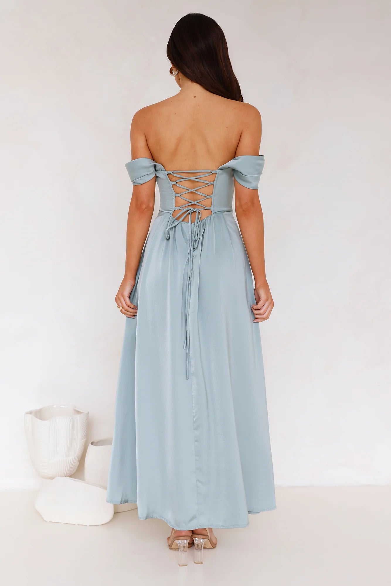 Golden Affair Off Shoulder Satin Maxi Dress Sage