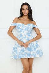 Dewy Blossom Off Shoulder Mini Dress Blue