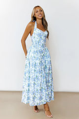 Cottage Song Halter Midi Dress Blue