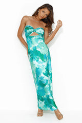 Color Bloom Strapless Satin Maxi Dress Green