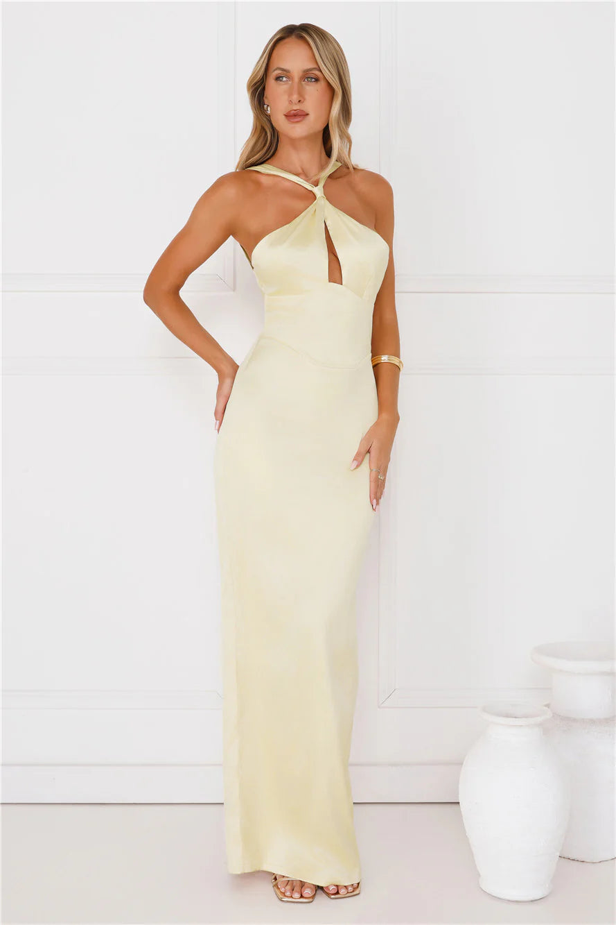 Diamond Elegance Satin Maxi Dress Yellow