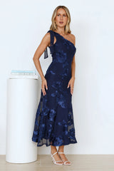 Glossy Girl One Shoulder Mesh Maxi Dress Navy