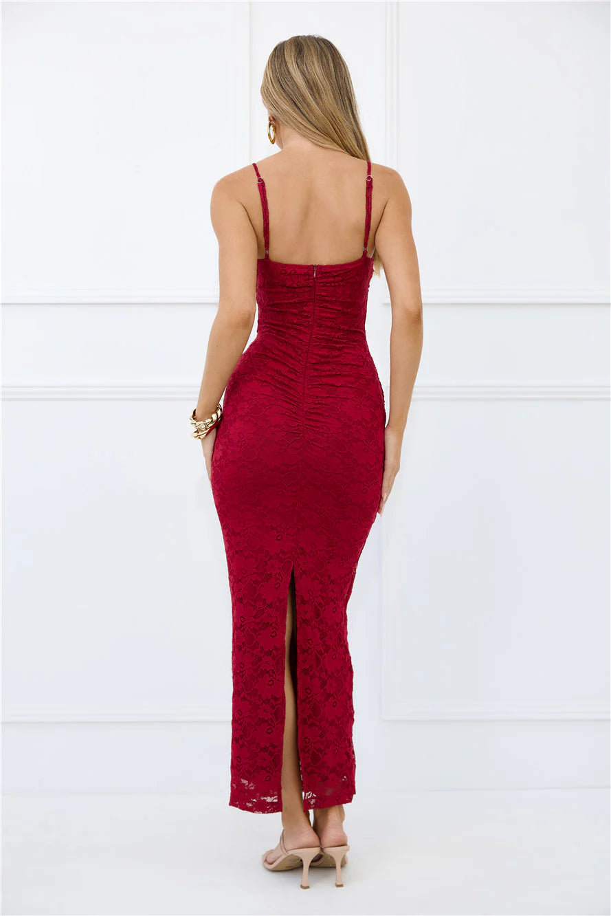 Chic After Dark Lace Maxi Dress Burgundy