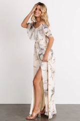 Daphne Off Shoulder Maxi Dress | Beige + Blue Floral