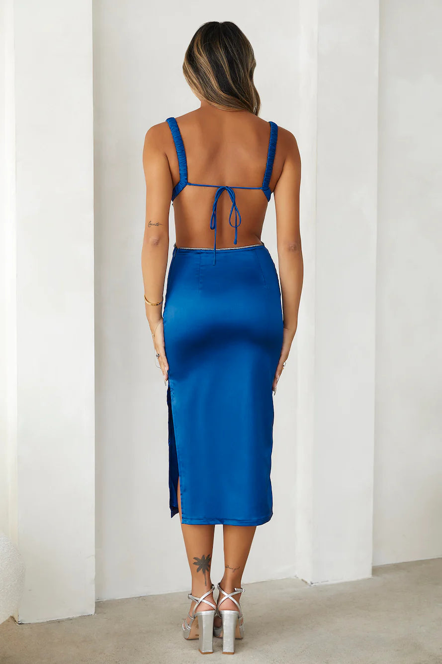 Bet U Wanna Satin Midi Dress Blue