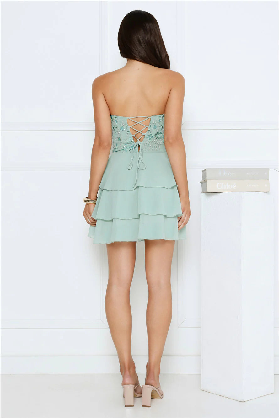 Glitter Grid Strapless Sequin Mini Dress Sage