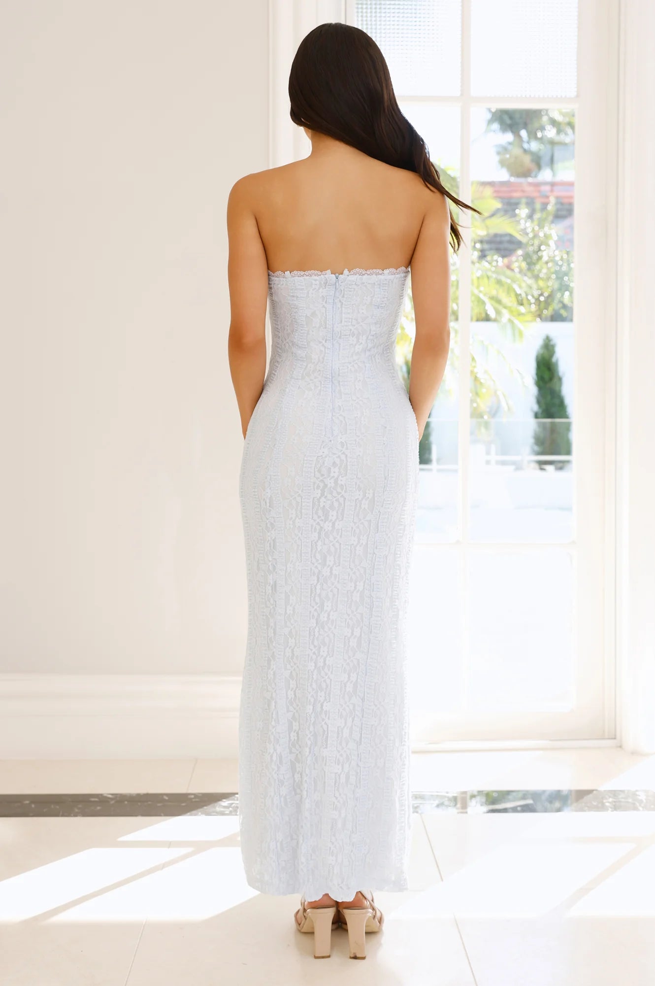 Dollhouse Diaries Strapless Lace Maxi Dress Blue