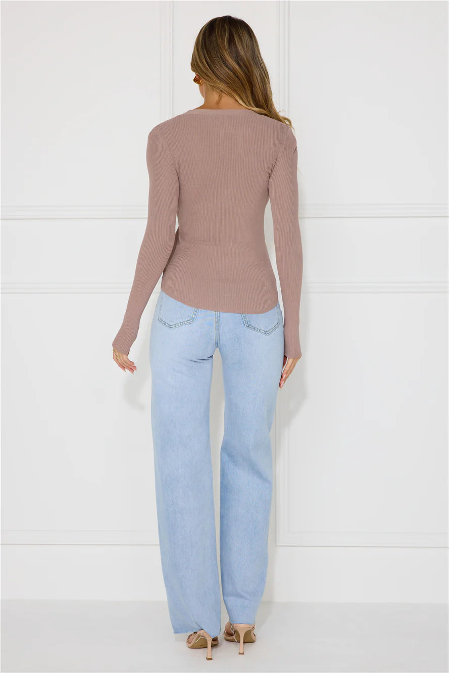 Buttoned Up Ribbed Long Sleeve Top Brown