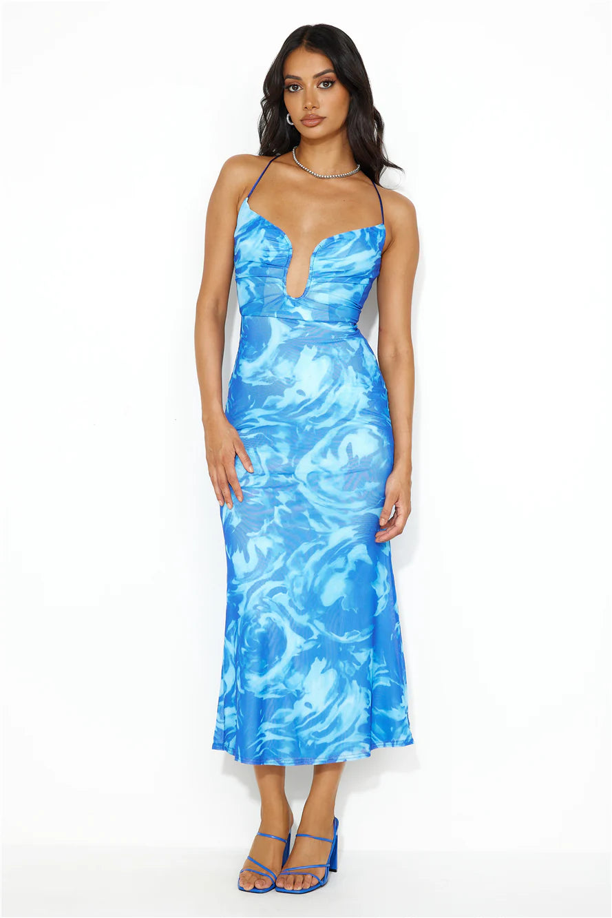 Wine And Dine Me Mesh Midi Dress Blue