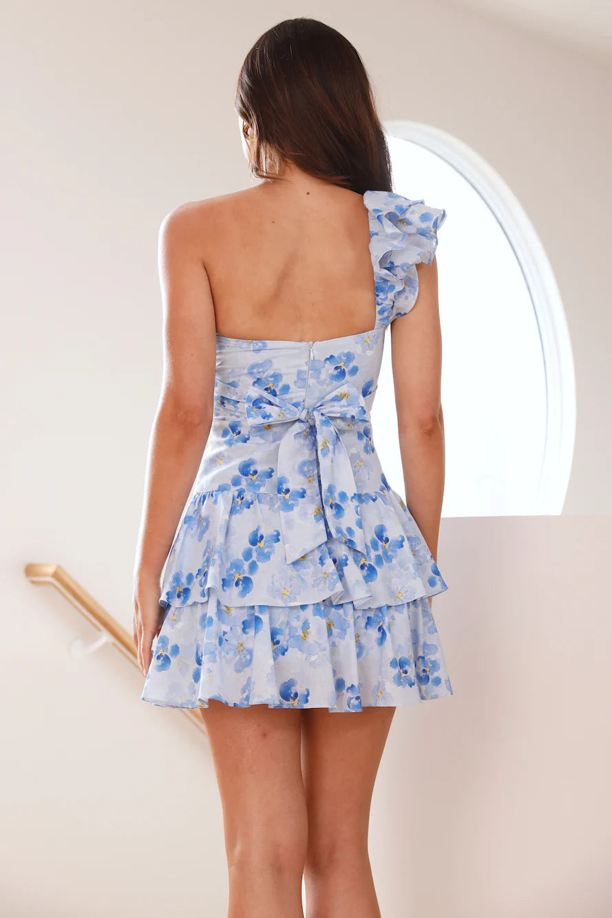 Floral Fantasy One Shoulder Mini Dress Blue