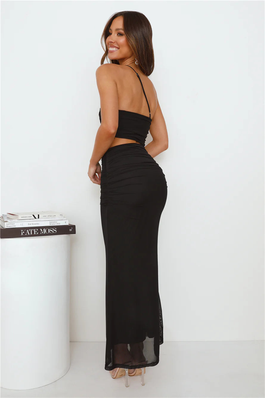 Another Party One Shoulder Mesh Maxi Dress Black