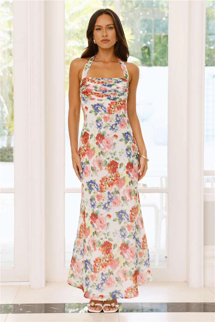 Whimsical Land Halter Maxi Dress Floral