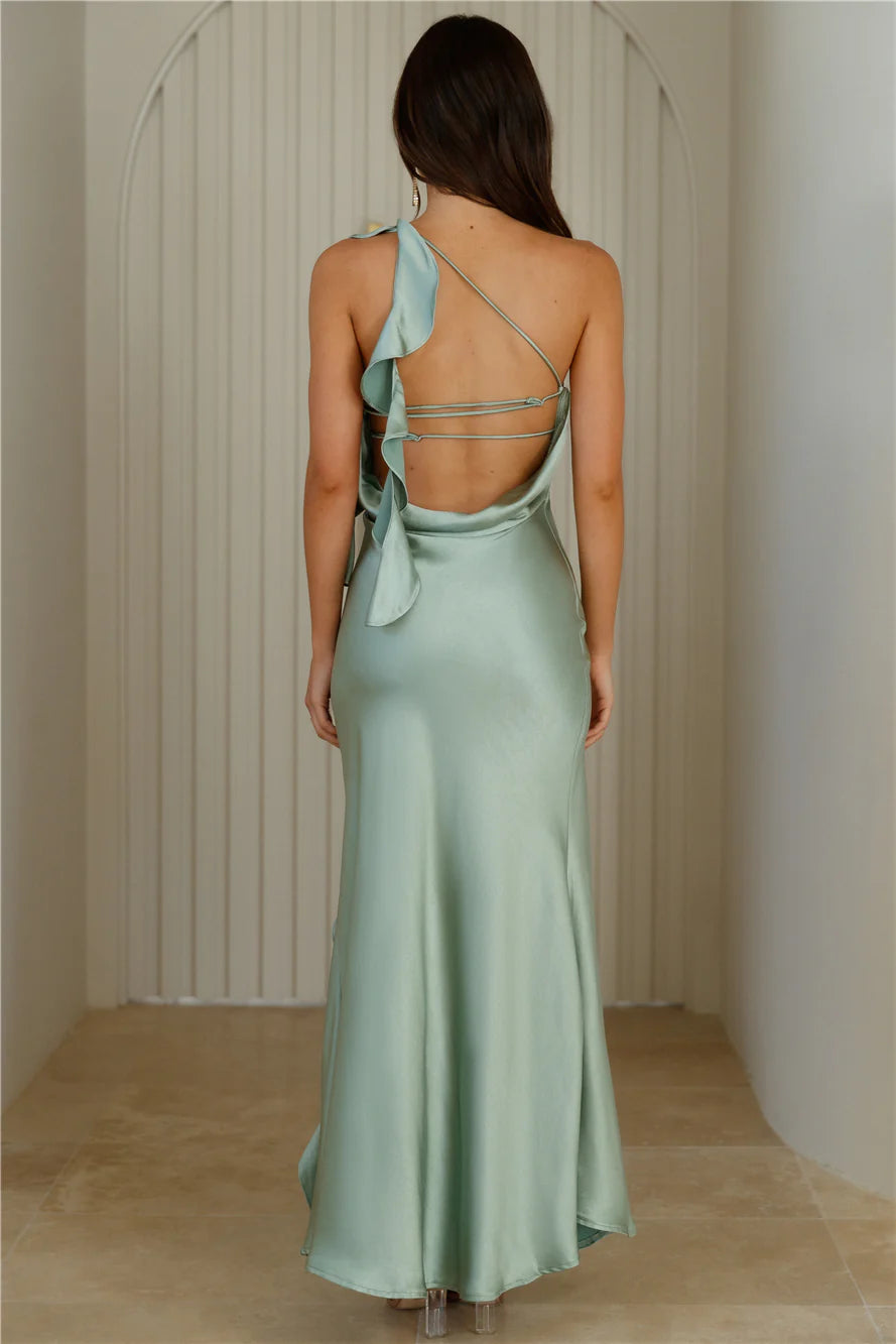 Glam Soirée Satin One Shoulder Maxi Dress Sage