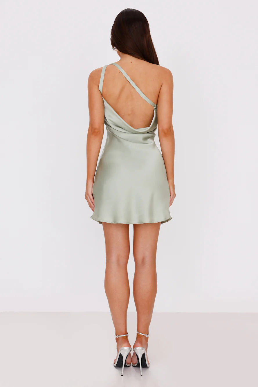For The Catwalk One Shoulder Satin Mini Dress Sage