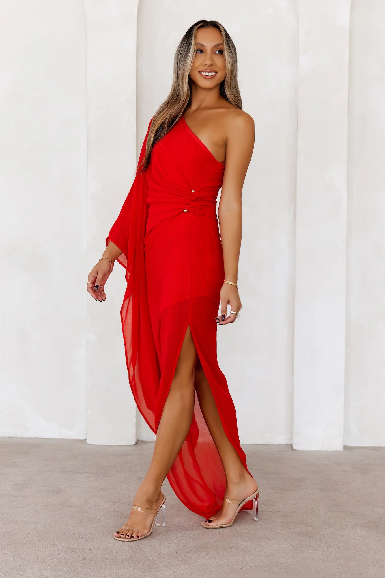 Beauty Destination One Shoulder Maxi Dress Red