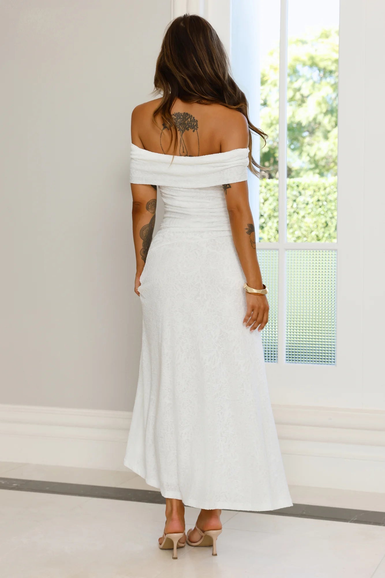 First Class Finish Off Shoulder Maxi Dress Cream