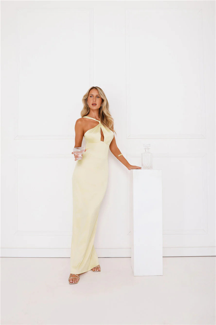 Diamond Elegance Satin Maxi Dress Yellow