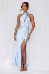 The Adeline Halter Satin Maxi Dress Blue