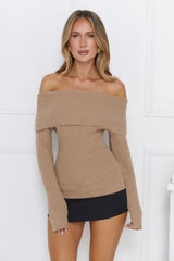Fresh Spark Off Shoulder Sequin Long Sleeve Top Camel