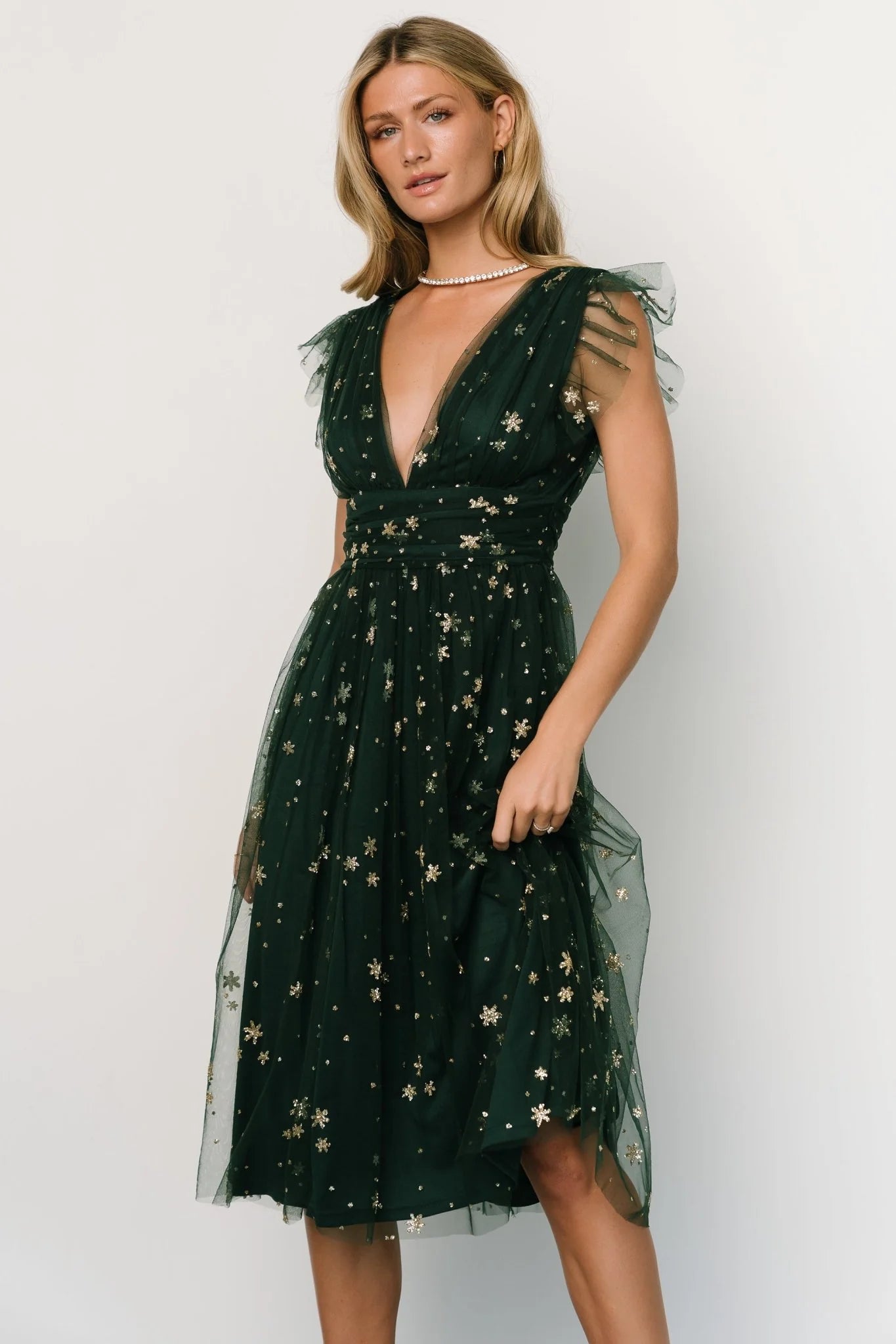 Chiara Shimmer Midi Dress | Green + Gold
