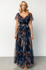 Nicola Tulle Maxi Dress | Dark Blue Floral