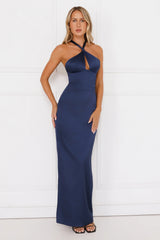 Diamond Elegance Satin Maxi Dress Navy