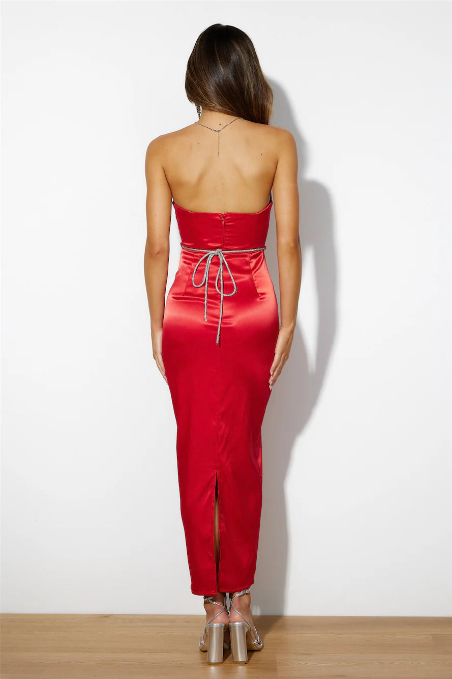 Diamanté Dreams Silky Midi Dress Red