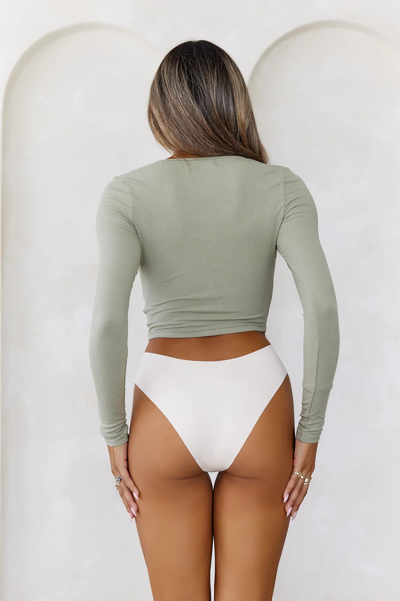 BASE The Lounge Around Ribbed Long Sleeve Crop Top Sage