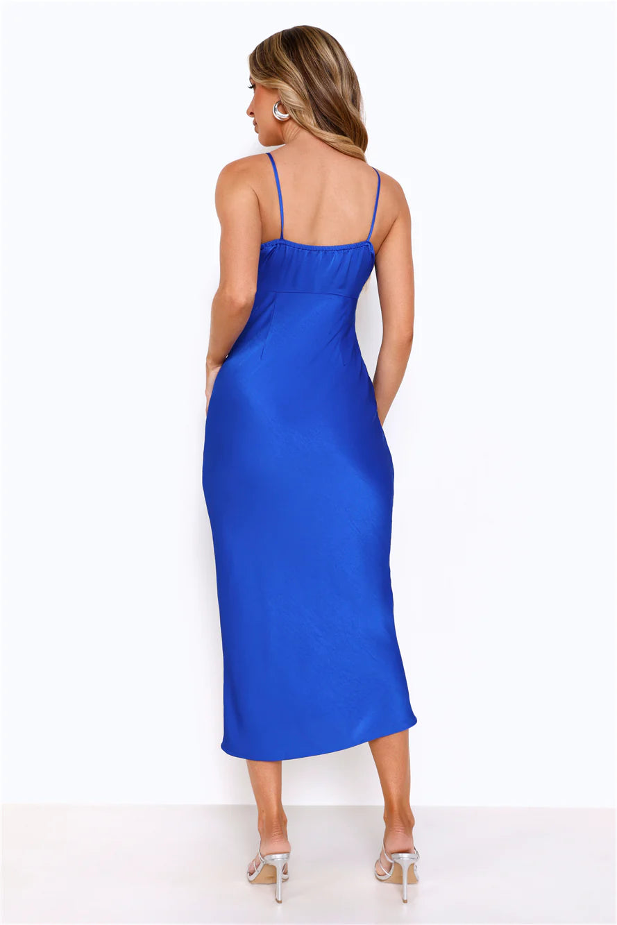 Flawless You Satin Midi Dress Blue
