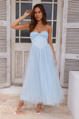 Worthy Of Diamonds Strapless Tulle Midi Dress Blue