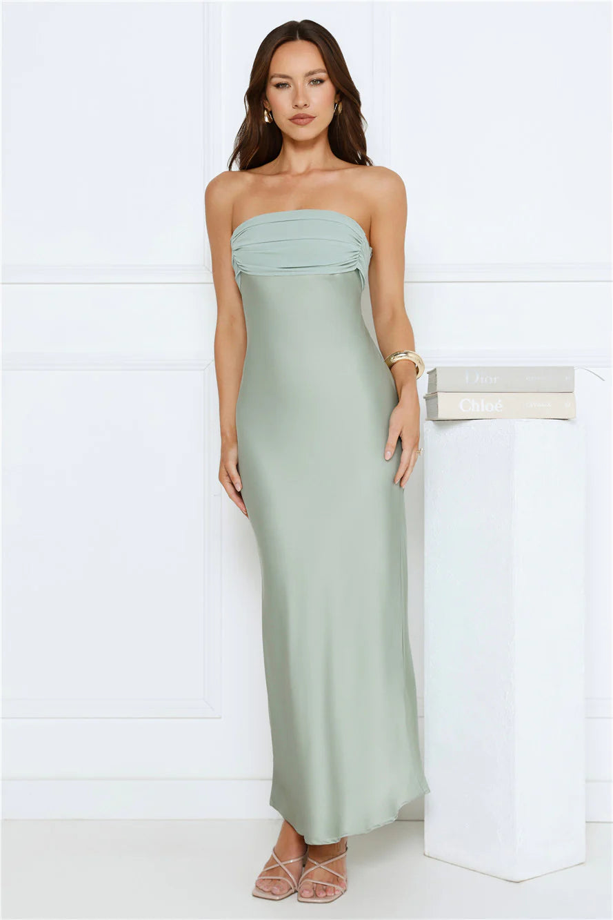 Every Love Song Satin Strapless Maxi Dress Sage