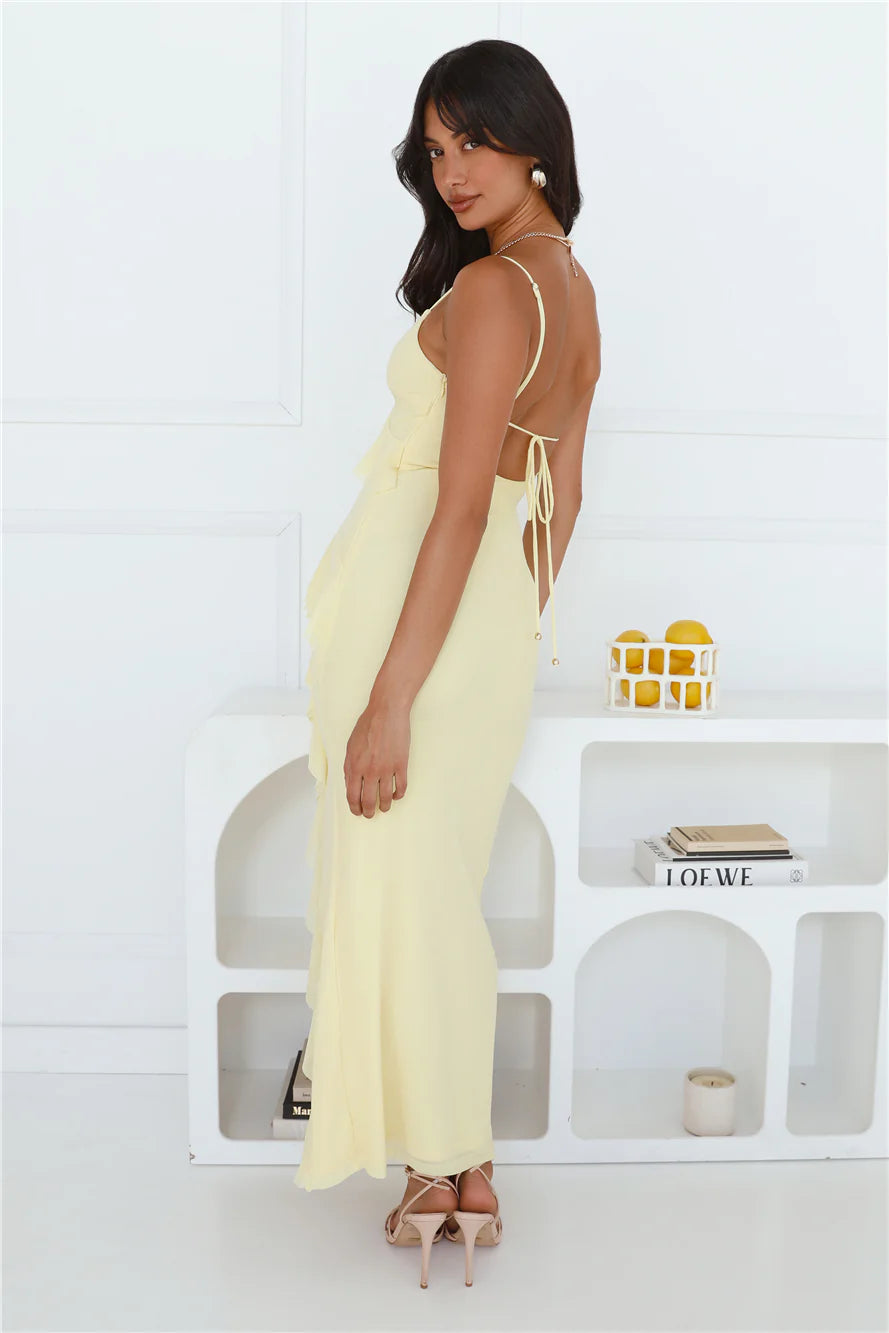 Flaunt It Girl Frill Mesh Maxi Dress Yellow