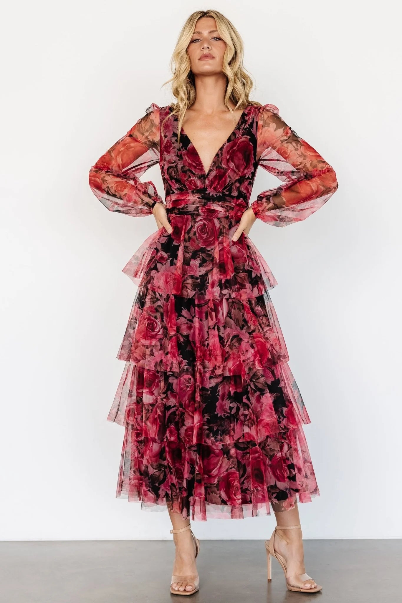 Carolina Tulle Tiered Maxi Dress | Red + Black Floral